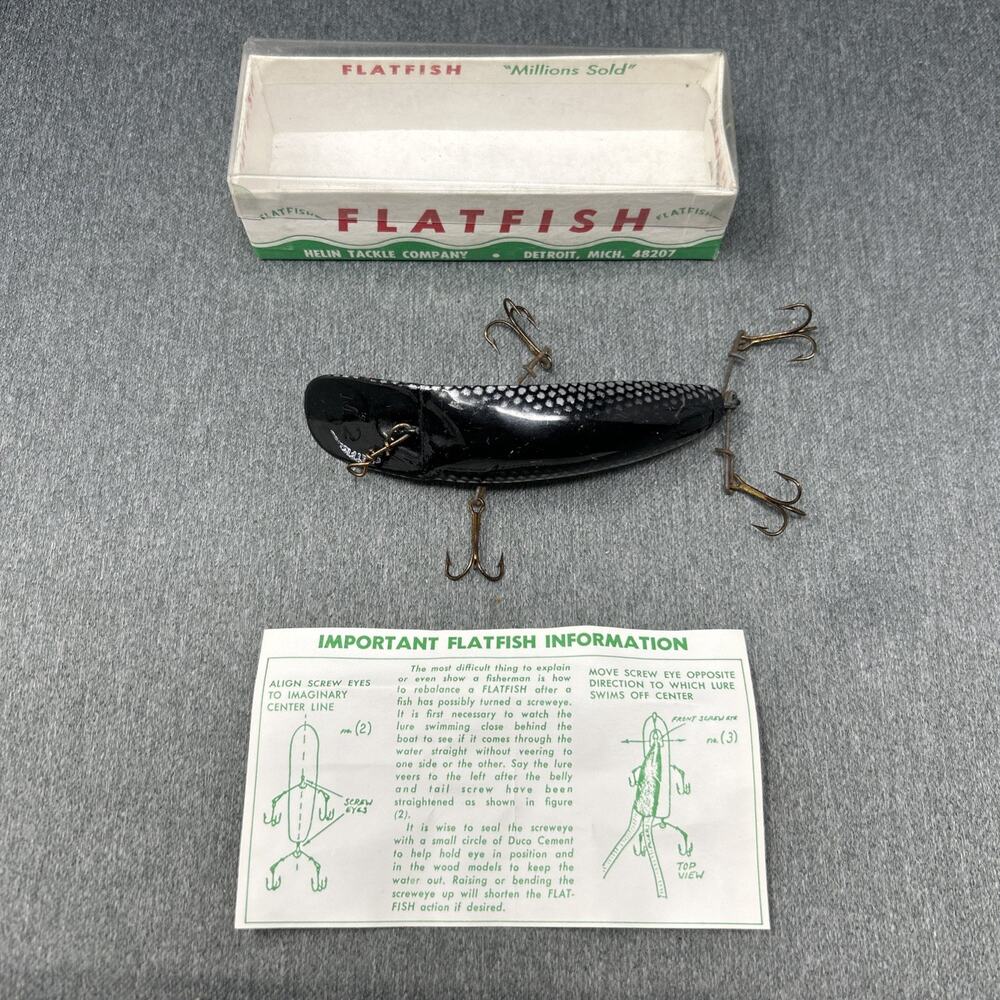 Vintage Helin Fishing Lure Flatfish M2 SS Silver Scale Box Paperwork 4‑Gang Hook